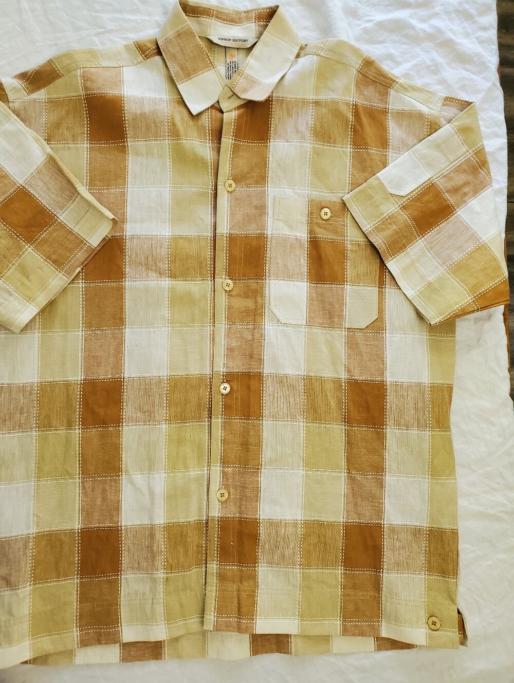 HipHop History Linen Cotton Plaid Button Down Shirt Men's L Tan Caramel
